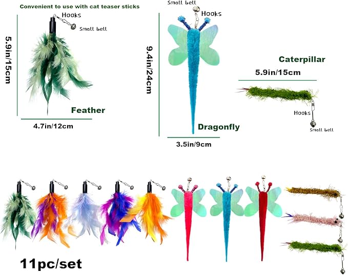 AcceLeah Cat Worm Toy Refills - Assorted Teaser Wand Toys with Bell (11 Pcs)-PurrikoPets