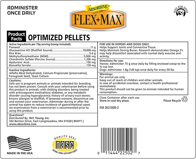 Absorbine Flex+Max Horse Joint Supplement Pellets, Highly Palatable, Comprehensive Equine Formula with Glucosamine, MSM, Chondroitin & Flaxseed, 5lb Bag / 30 Day Supply-PurrikoPets