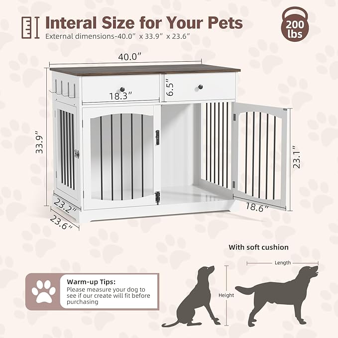 40 Inch Furniture-Style Dog Crate-Multipurpose Wood Pet Crate Furniture with Double Doors,2 Drawers, Decorative Dog House Indoor for Smal/Medium Dogs, White Finish-PurrikoPets