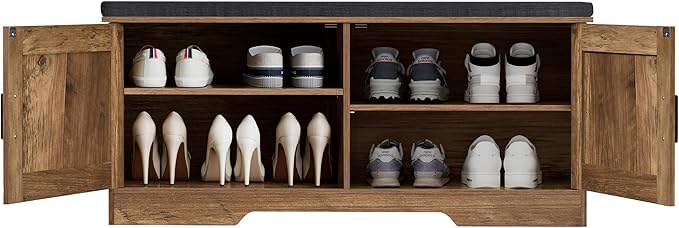 2-Tier Storage Bench, Shoe Bench with Padded Seat Cushion, Entryway Bench with 2 Barn Doors, Adjustable Shelf, 13.8" D x 39.4" W x 17.7" H, for Entryway, Living Room, Bedroom, Rustic Walnut-PurrikoPets