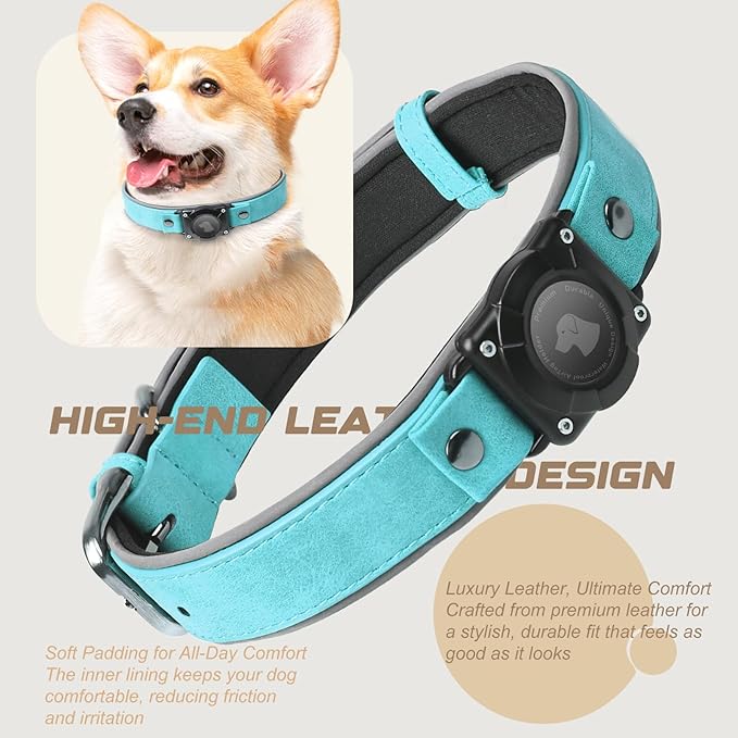 AirTag Dog Collar - Leather Dog Collar with Air Tag Holder | IPX8 Waterproof, Reflective, High - End, Adjustable Soft Padded | Dog GPS Tracker Collars Fit for Medium Large Dogs (Light Blue, M)-PurrikoPets