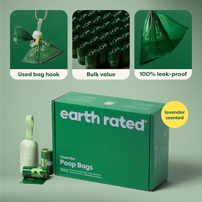 Earth Rated Dog Poop Bag Holder, Durable and Guaranteed Leakproof, Lavender Scented, 1 Dispenser and 900 Bags-PurrikoPets