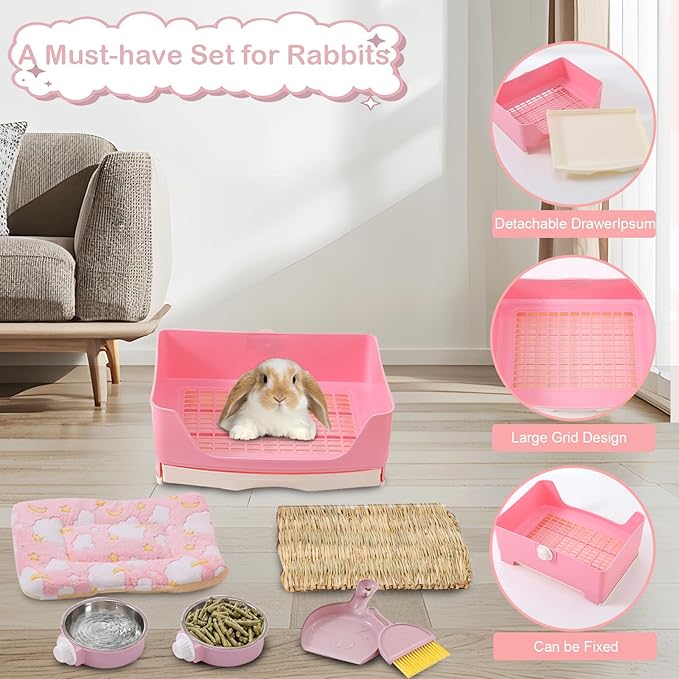 25 Pcs Large Rabbit Starter Kit, Bunny Litter Box with Drawer Animal Grooming Kit Stacking Cups Bowl Blankets Mat with Cleaning Set for Adult Guinea Pig, Ferret, Hamster, Bunnies Accessories (Pink)-PurrikoPets