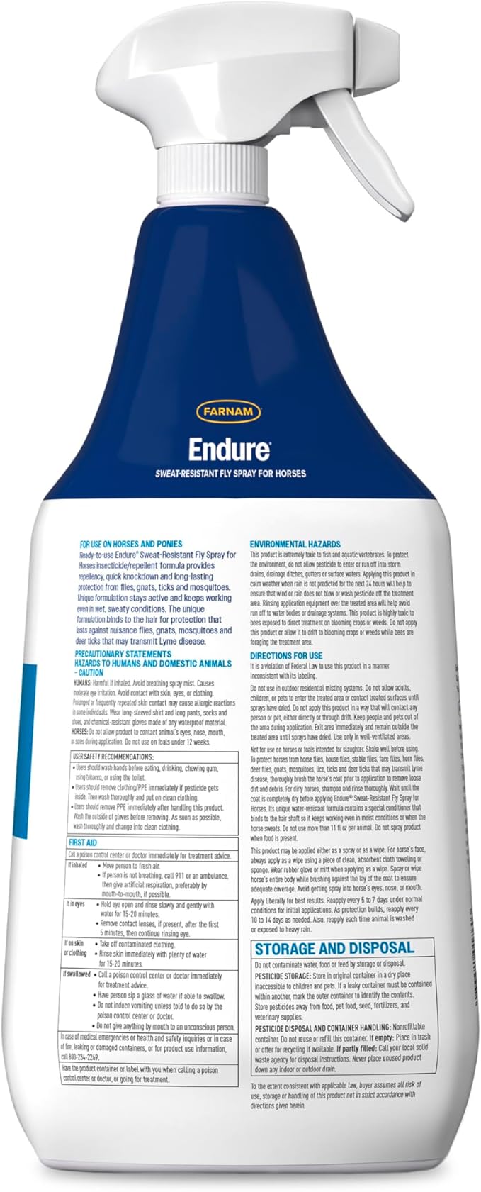 Farnam Endure Sweat-Resistant Fly Spray for Horses, Lasts Up to 14 Days, Protects Against Flies, Gnats, Mosquitoes, Ticks & Lice, 32 oz.-PurrikoPets