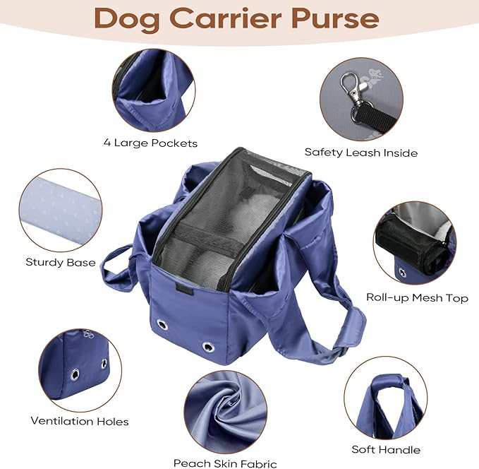 Dog Purse Carrier for Small Dogs, Cats, and Puppies – Soft-Sided Travel Pet Tote Bag with 4 Large Pockets, Foldable, Lightweight, Fits Pets up to 15 lbs, for Travel, Outings (Dark Blue)-PurrikoPets