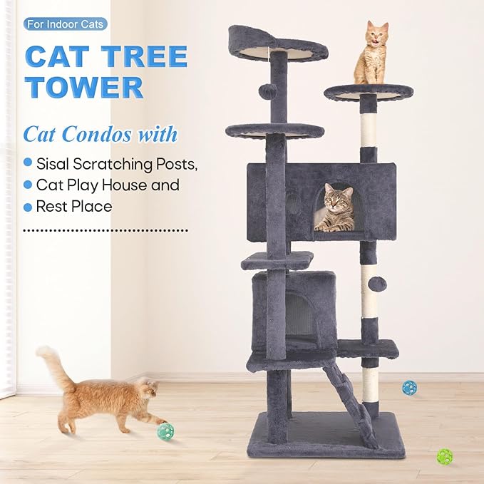 FDW Cat Tree 54in Cat Tower Multi-Level Durable Cat Scratching Post & Cozy Fun Cat Jumping Platform Space Saving Cat Condo Pet Play House for Indoor Cats,Ashy-PurrikoPets