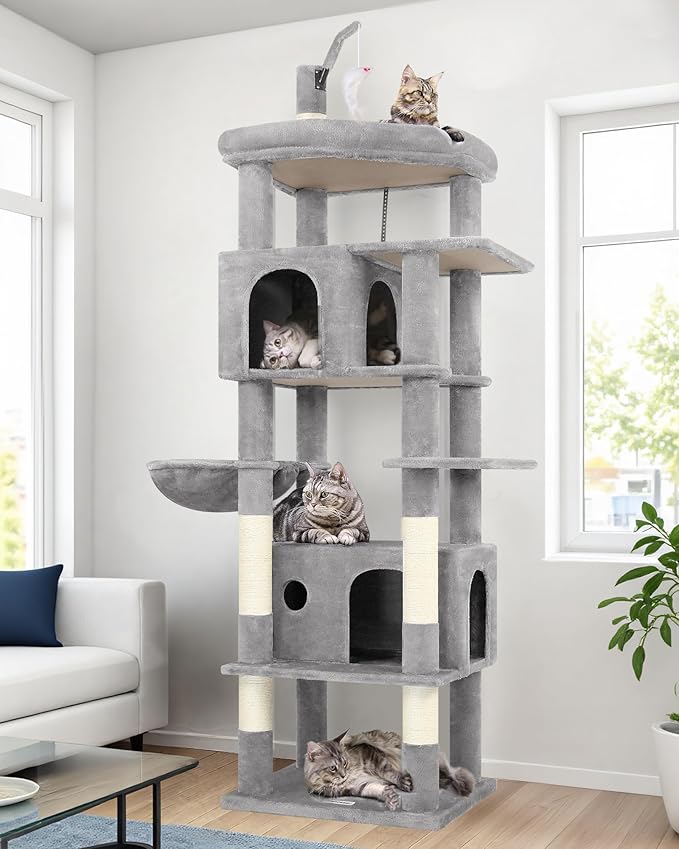 Globlazer Large Cat Tree Tower, Tall Cat Tree Condos for Indoor Cats Large Adult Cat Climbing Tower with 2 Spacious Caves, Oversized Top Perch, Big Hanging Basket, Cat Teaser Wand, F74B, Light Grey-PurrikoPets
