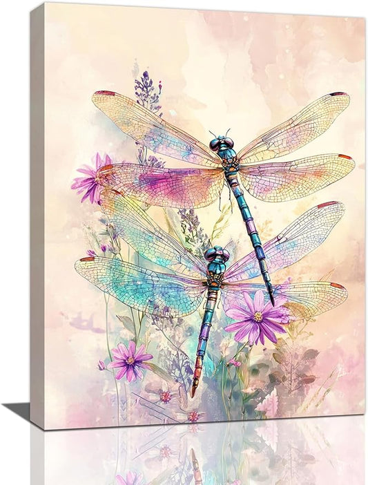 Dragonfly Bathroom Pictures Wall Art, Floral Bathroom Wall Decor, Framed Painting Canvas Artwork for Bedroom Living Room Decorations 24"L x 20"W-PurrikoPets