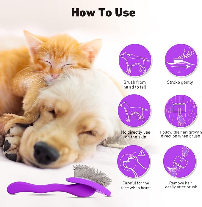 Dog Slicker Brush for Shedding and Grooming Medium or Long Haired Cats, Extra Long & Soft Pin Slicker Brush for Removes Loose Hair, Tangles, Knots, Undercoat, Free Pet Comb, Large Purple-PurrikoPets
