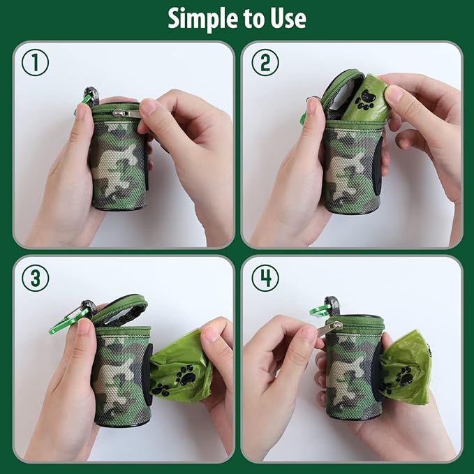 Dog Poop Bag Holder for Leash Doggie Waste Bag Dispenser Puppy Potty Carrier Small Doggy Zipper Pouch with Carabiner Clip 1680D Nylon Oxford with 1 Roll of Pet Trash Bags, Woodland Camo-PurrikoPets