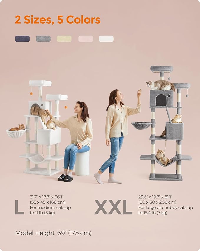 Feandrea Cat Tree, 66.1-Inch Large Cat Tower with 13 Scratching Posts, 2 Perches, 2 Caves, Basket, Hammock, Pompoms, Multi-Level Plush Cat Condo for Indoor Cats, Jelly Pink UPCT165P01-PurrikoPets