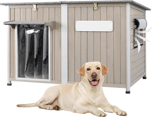 Dog House Outdoor Weatherproof & Wooden Dog Kennel with Chew-Proof Iron Frame，Removable Floor, Adjustable Vent Window, Easy Assembly for Large and Extra-Large Dogs 55.1" D x 33.1" W x 34.8" H-PurrikoPets