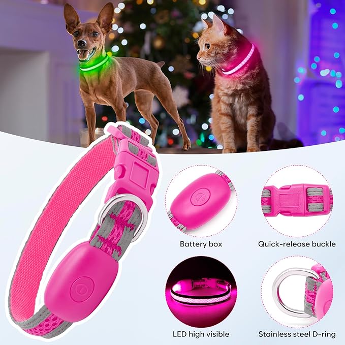 Flashseen LED Cat Collar,Light Up Dog Collar Rechargeable, Dog Lights for Night Walking, Comfortable Soft Mesh Pet Collar Adjustable for Cats Puppy and Small Dogs(Pink, XS)-PurrikoPets