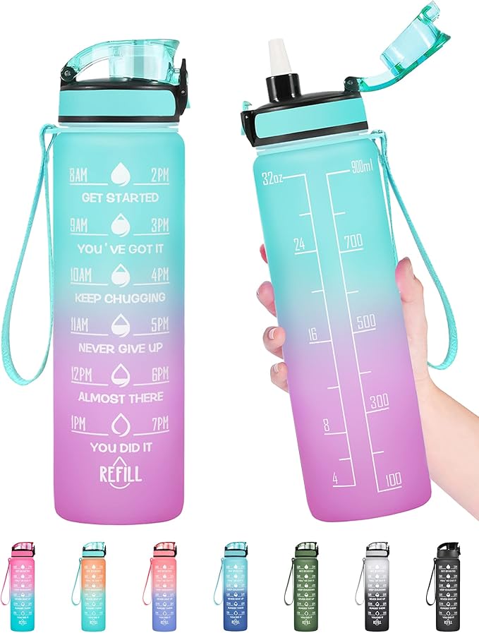 Enerbone Water Bottle, Leakproof BPA & Toxic Free, Motivational Water Bottle with Times to Drink and Straw, Fitness Sports Water Bottle with Strap for Office, Gym, Outdoor Sports-PurrikoPets