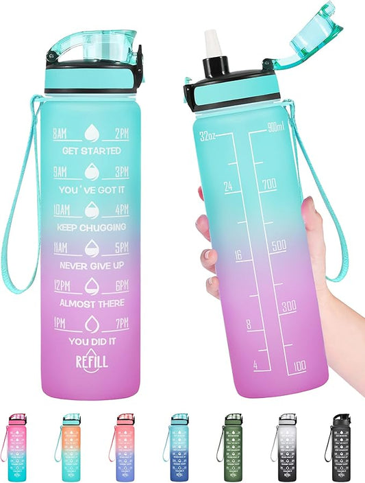 Enerbone Water Bottle, Leakproof BPA & Toxic Free, Motivational Water Bottle with Times to Drink and Straw, Fitness Sports Water Bottle with Strap for Office, Gym, Outdoor Sports-PurrikoPets