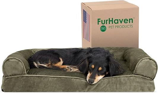 Furhaven Pillow Dog Bed for Medium/Small Dogs w/ Removable Bolsters & Washable Cover - Faux Fur & Velvet Sofa - Dark Sage, Medium-PurrikoPets