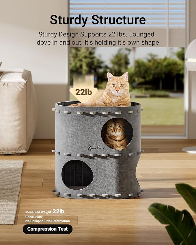 DownyPaws Cat House for Indoor Cats, 2-Storey Foldable Cat Bed Cave, Felt Cats Tunnel Bed Condo, Castle Kitten Cube Hideaway for Multicats, Scratch Resistant, Light Gray-PurrikoPets