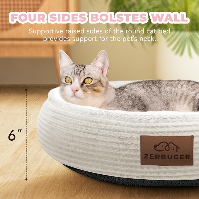 20in Cream Round Cat Dog Bed Gift for Large Medium Small Dogs Cats, Machine Washable Sleeping Sofa, Non-Slip Bottom Breathable Soft Calming Pet Cuddler for Indoor/Outdoor/Car/Cage-PurrikoPets
