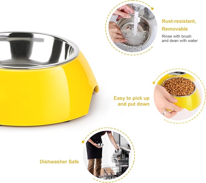 Elevated Dog Bowls Set - Non-Slip Raised Pet Feeder with Medium (2 Cups) & Large (4 Cups) Stainless Steel Bowls - Includes Durable Resin Stand for Puppies, Adult Dogs & Cats - Yellow-PurrikoPets