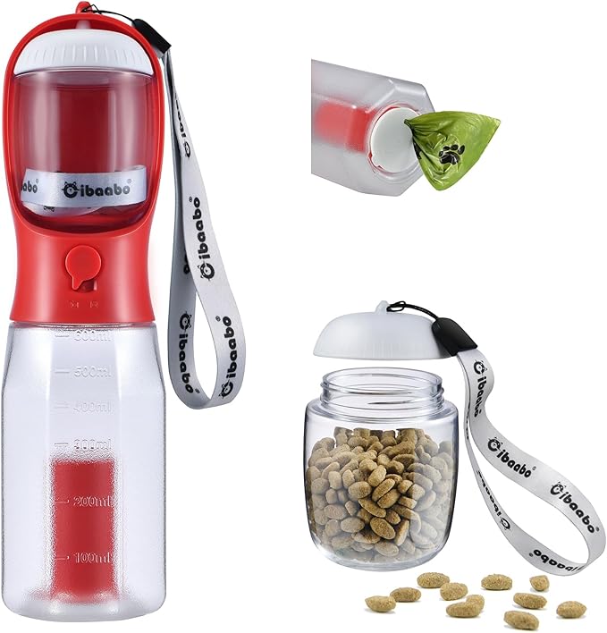 Dog Water Bottle with Food Container & Poop Bag Holder, Travel Water Bowl, Portable Pet Dispenser, Dog Stuff Accessories Items, Puppy Essentials Necessities for Yorkie Chihuahua Walking Hiking-PurrikoPets
