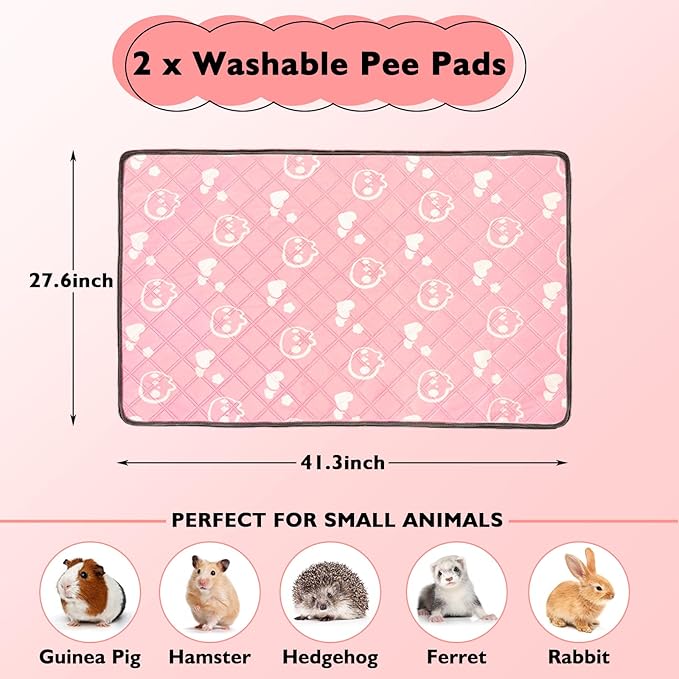 2 Pack Guinea Pig Bedding - Washable Guinea Pig Cage Liners, Waterproof Reusable & Anti Slip Pee Pads Super Absorbent Mats for Small Animals Pet Rabbit Bunny Hamster Rat (Pink, 42 x 28 Inch)-PurrikoPets