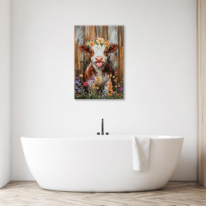 Funny Cow Bathroom Pictures Wall Art, Rustic Brown Cute Cow Bathroom Wall Decor, Farmhouse Floral Framed Painting Animal Flower Canvas Artwork for Bedroom Living Room Decorations 24"L x 16"W-PurrikoPets