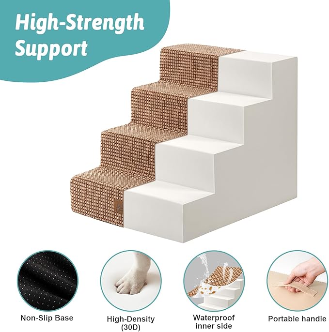 Dog Stairs for Small Dogs, 4 Tier Wider Pet Stairs for Couch and Beds, 17.7" H Non-Slip Dog Steps for Old Cats, Puppy, Small Medium Dogs, 17.7x23.6x17.7 inch, Light Brown-PurrikoPets