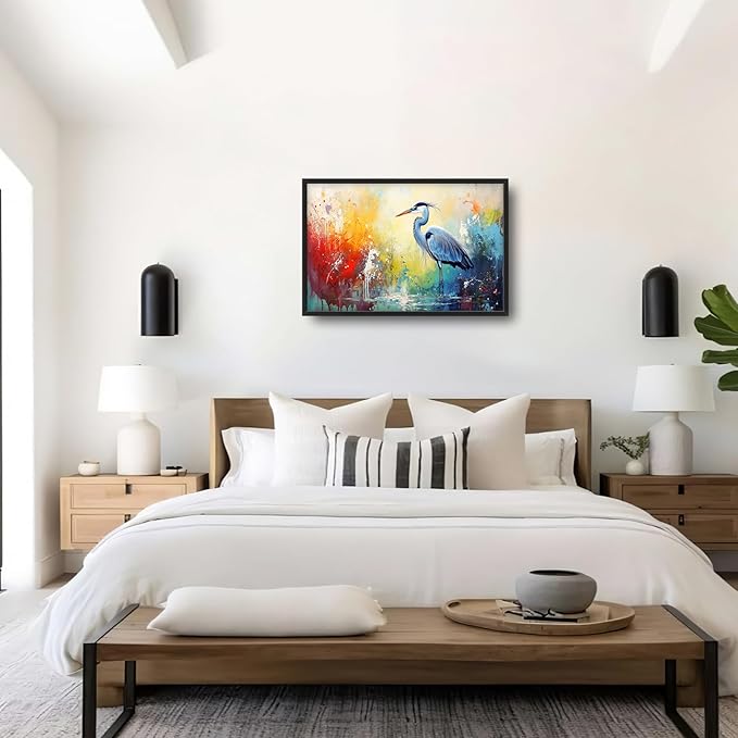 Extra Large Framed Abstract Heron Wall Art,Oversized Colorful Graffiti Heron Wall Decor Pictures for Living Room,Canvas Print Painting Modern Artwork Bedroom Office Bathroom Home Decor 36L x 24W-PurrikoPets