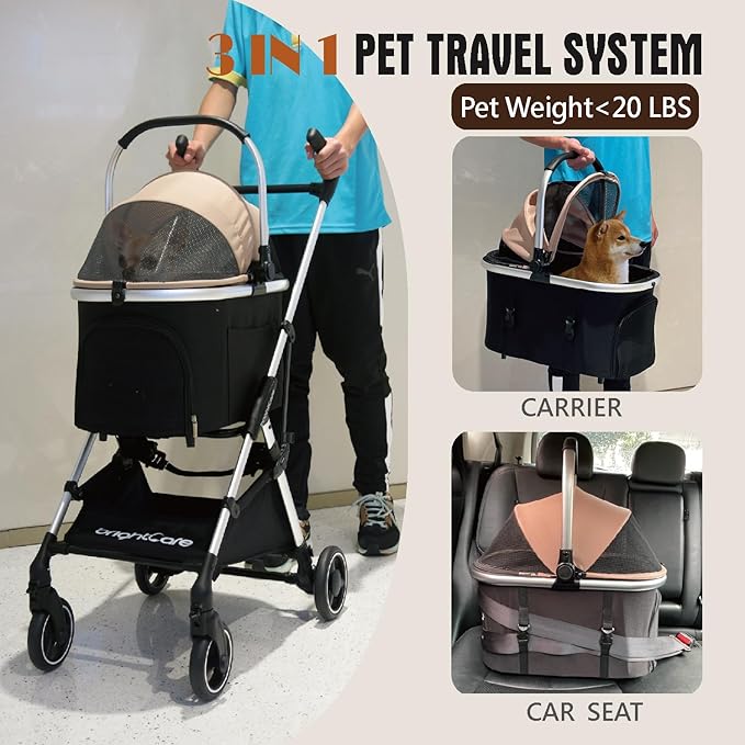 3-in-1 Small Pet Carrier with Stroller for Small Dogs & Cats Under 20 lb – Removable Carrier Converts to Car Seat – Lightweight, One-Hand Fold, No-Zipper Entry-PurrikoPets