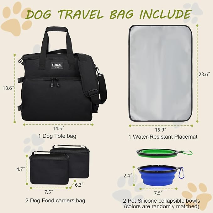 Dog Travel Bag Airline Approved–Pet Travel Tote with Collapsible Bowls,Food Containers & Feeding Mat–Multi-Pocket Organizer for Dogs & Cats, Durable & Water-Resistant for Hiking,Trips,Outdoors-PurrikoPets