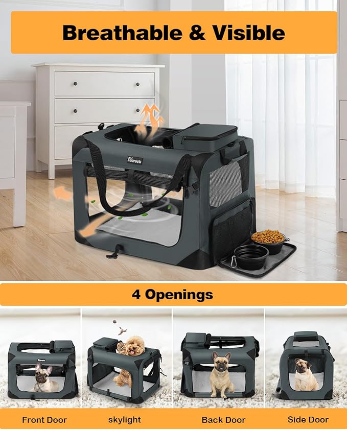 Extra Large Dog Crate with 2 Foldable Bowl, 36 Inch Collapsible Travel Dog Crate Kennel with Soft Blanket for Medium Dogs,Indoor & Outdoor (36" L x 25" W x 25" H, Grey)-PurrikoPets