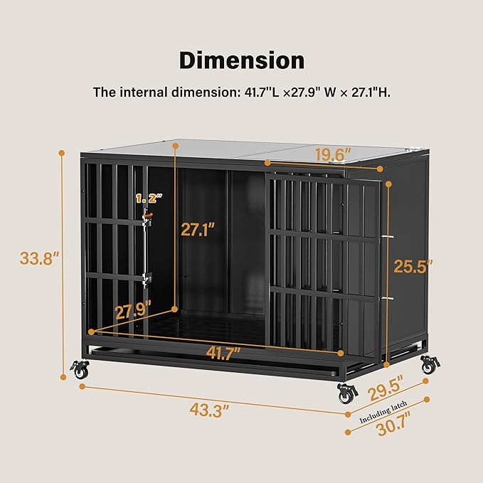 42 inch Heavy Duty Dog Crate with Self-Locking Latch, Indestructible Steel Large Kennel with Enclosed Design, Chew-Proof and Escape-Proof Pet Cage for High Anxiety Dogs-PurrikoPets