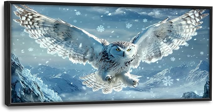 Framed Large Snowy Owl Wall Art for Living Room, Oversized Snowy Mountain Wall Decor Landscape Canvas Painting Modern Artwork Home Decoration for Living Room Bedroom Office 60"x30"-PurrikoPets