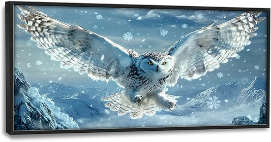 Framed Large Snowy Owl Wall Art for Living Room, Oversized Snowy Mountain Wall Decor Landscape Canvas Painting Modern Artwork Home Decoration for Living Room Bedroom Office 60"x30"-PurrikoPets