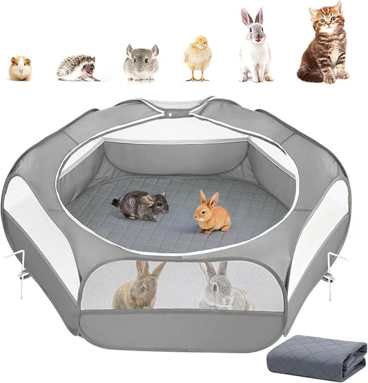 2-in-1 Small Animals Playpen with Pad, Waterproof Small Pet Cage Tent with Reusable Pad, Portable Outdoor Yard Fence with 3 Metal Rod for Chick/Kitten/Puppy/Guinea Pig/Rabbits/Chinchillas, Gray-PurrikoPets