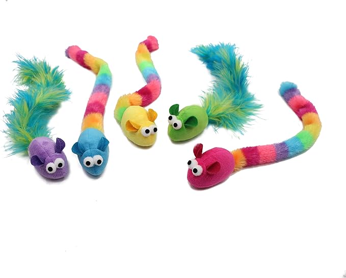5 Pack Interactive Catnip and Feather Cat Toys, Multi-Colored Mice with Long Feather Tail, Accessories for Indoor Cat, Catnip Plush Toys with Natural Feathers and Rattles-PurrikoPets