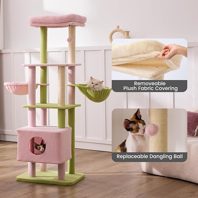 Gardner Pet 65in Heavy Duty Cat Tree Tower for Large Cats, Multi-Level Cat Furniture with Replaceable Sisal Scratching Post, Hammock | Extra-Large Platform & Condo (Pink&Green, Basic φ:2.84")-PurrikoPets