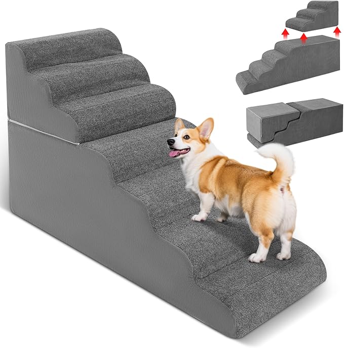 6-Step Dog Stairs for High Bed - 25.5" Adjustable Dog Ramps for Couch, Non-Slip Sturdy Pet Steps for Small Dogs, Washable Cover, Removable Modular Design, Dual 11” & 14.5” Steps for Custom Height-PurrikoPets