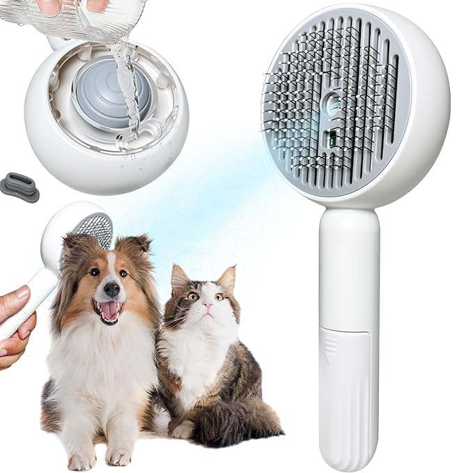 3-in-1 Steam Brush for Cats & Dogs – Hair Removal Comb with One-Click Release & Water Spray – Grooming Brush for Shedding, Long/Short Hair (white brushs-grey)-PurrikoPets