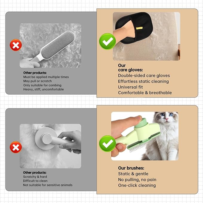 Flea Comb and Pet Hair Removal Glove for Cats & Dogs Brush for Shedding Pet Hair Removal Comb with Long & Short Stainless Steel Teeth for Deshedding & Clothing/Couch/Furniture/Carpet/Car Seat-PurrikoPets