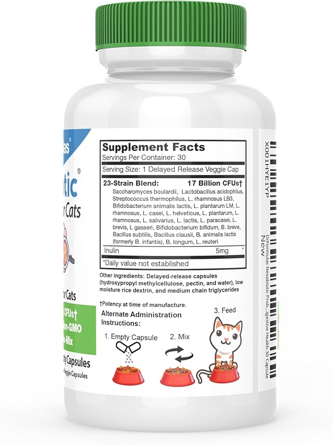 DrFormulas Nexabiotic Probiotics for Cats Powder | Treats Diarrhea for Pets with Saccharomyces Boulardii Lactobacillus Acidophilus, Best Probiotics Supplement for Digestive Health 30 Capsule-PurrikoPets