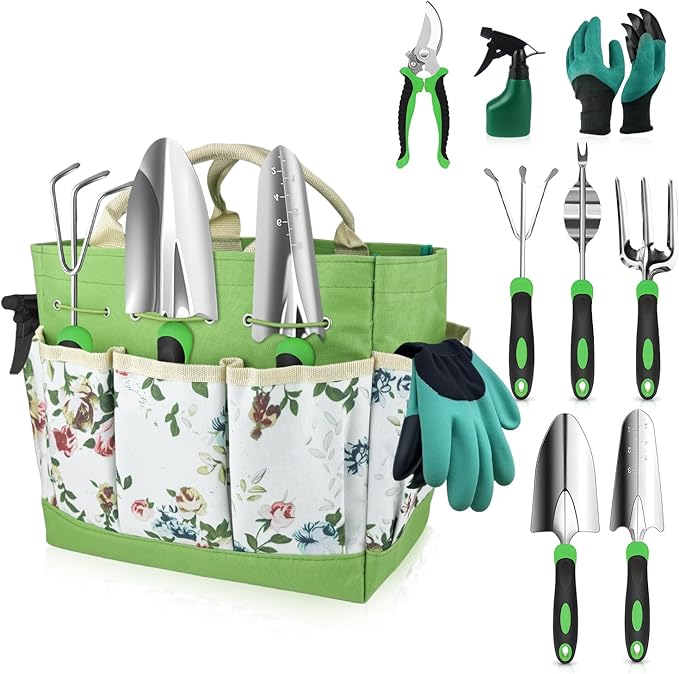 Garden Tools Set, 8 in 1 Heavy Duty Garden Tools Kit, Stainless Steel Ergonomic Gardening Hand Tool with Upgraded Bag, Gardening Supplies Gift for Women, Kid, Organizer-PurrikoPets