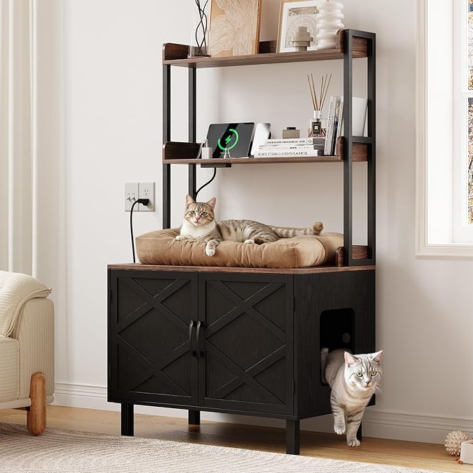 55 Inches Cat Litter Box Enclosure, Hidden Litter Box Furniture with 2 Storage Shelves and Charging Sockets, Wooden Cat House, Large Indoor Cabinet for Living Room & Entryway, Black-PurrikoPets