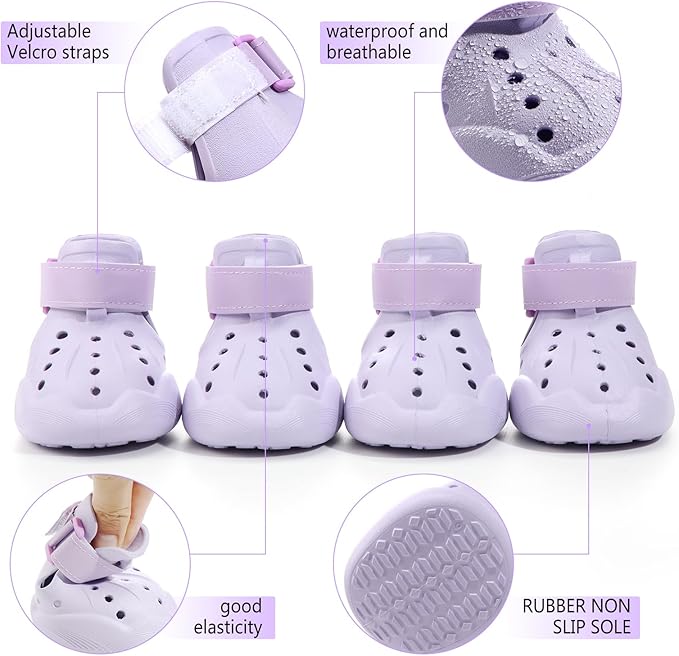 Dog Shoes, Dog Sandals for Hot Pavement, Non-Slip Waterproof Dog Booties for Winter Snowy Day and Summer, Adjustable Straps Easy-Clean Beach Outdoor Pet Boots Rugged Sole-4Pcs Purple-PurrikoPets