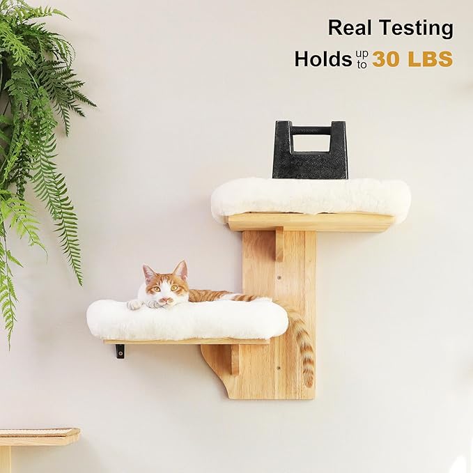FUKUMARU Cat Wall Shelves, 2 Platform Cats Walls Furniture, Tree Shape Kitten Floating Shelf with Soft Cushion Perch, Solid Rubber Wood for 16 Inch Drywall, Suitable for Climb, Play, Nap-PurrikoPets