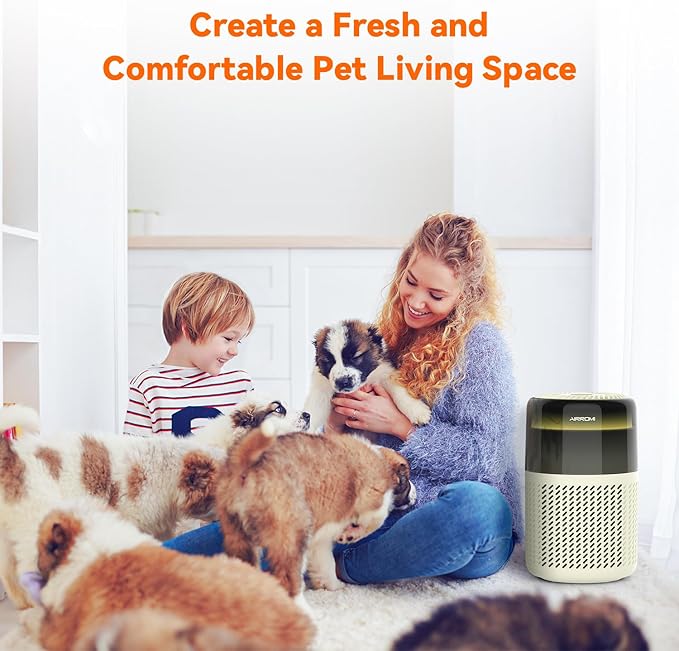 AIRROMI Air Purifier for Bedroom Home,HEPA Filter,Covers Upto 549 Ft²,Quiet 360°intake Air Cleaner with Fragrance ponge for Better Sleep,Night Light,Filters Smoke,Pet Dander,Allergies,Dust,A2005Yellow-PurrikoPets