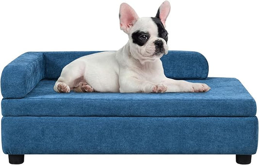 AFBKSS&BB Pet Sofa with Hidden Storage for Puppy and Cat,Linen Fabric Dog Sofa,Cat Couch with Wooden Frame (Blue)-PurrikoPets