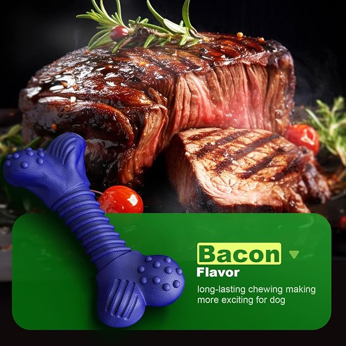 Dog Toys for Aggressive Chewers, Indestructible Chew Toys for Medium Large Dogs,Durable Rubber Dog Bones with Beef Flavor, Tough Dental Toy for Boredom Relief (Blue)-PurrikoPets