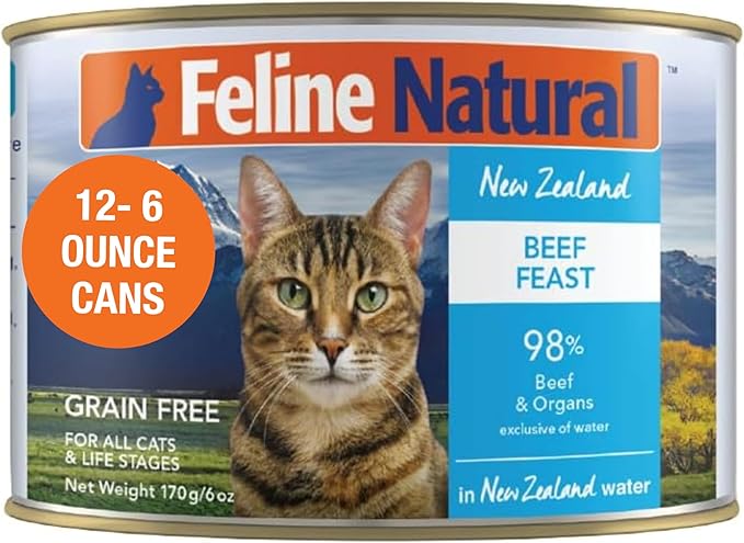 Feline Natural New Zealand Canned Catfood Wet Food, High-Meat, Low-Carb, & Grain Free Cat Food Wet, Beef Feast, 6 oz, Pack of 12-PurrikoPets