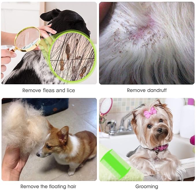 Flea and Lice Comb for Cats and Dogs - 2-in-1 Metal Round Smooth Teeth Pet Grooming Comb - Tear Stain and Mucus Crust Remover - Removes Floating Hair, Tangles, Dander (Green)-PurrikoPets